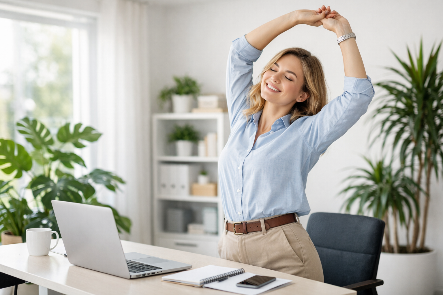 Frau dehnt sich entspannt am Schreibtisch in einem modernen hellen Büro